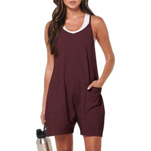 imageANRABESS Womens Summer Casual Sleeveless Romper Loose Spaghetti Strap Overalls Shorts Jumpsuit with Pockets 2025 ClothesBurgundy