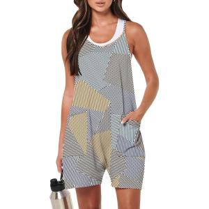 imageANRABESS Womens Summer Casual Sleeveless Romper Loose Spaghetti Strap Overalls Shorts Jumpsuit with Pockets 2025 ClothesDiamond Stripe