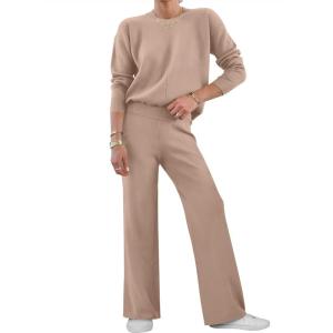 imageANRABESS Womens Two Piece Outfits Lounge Sweater Sets Casual Pullover Knit Tops Wide Leg Pants 2024 Fall ClothesKhaki