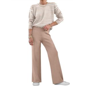 imageANRABESS Womens Two Piece Outfits Lounge Sweater Sets Casual Pullover Knit Tops Wide Leg Pants 2024 Fall ClothesKhaki White Striped