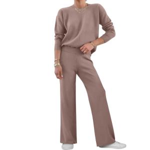 imageANRABESS Womens Two Piece Outfits Lounge Sweater Sets Casual Pullover Knit Tops Wide Leg Pants 2024 Fall ClothesNutmeg