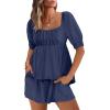 imageANRABESS Women 2 Piece Outfits Babydoll Linen Short Sets Square Neck Puffed Sleeve Backless Tops Beach 2025 Summer ClothesNavy Blue