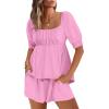 imageANRABESS Women 2 Piece Outfits Babydoll Linen Short Sets Square Neck Puffed Sleeve Backless Tops Beach 2025 Summer ClothesPink