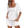 imageANRABESS Women 2 Piece Outfits Babydoll Linen Short Sets Square Neck Puffed Sleeve Backless Tops Beach 2025 Summer ClothesWhite