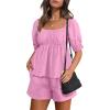 imageANRABESS Women 2 Piece Outfits Babydoll Linen Short Sets Square Neck Puffed Sleeve Backless Tops Beach 2025 Summer ClothesPink