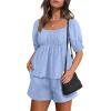 imageANRABESS Women 2 Piece Outfits Babydoll Linen Short Sets Square Neck Puffed Sleeve Backless Tops Beach 2025 Summer ClothesSky