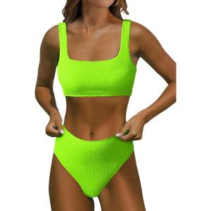 imageANRABESS Bathing Suit for Women Two Piece Bikini Sets High Waisted Tummy Control Modest Swimsuit 2025 Beach Swim WearNeon Green