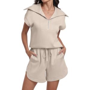 imageANRABESS Two Piece Sets for Women Summer Half Zip Short Set Sweatsuit 2 Piece Outfits Sweat Lounge Sets TracksuitApricot