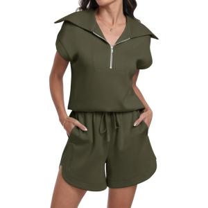 imageANRABESS Two Piece Sets for Women Summer Half Zip Short Set Sweatsuit 2 Piece Outfits Sweat Lounge Sets TracksuitArmy Green