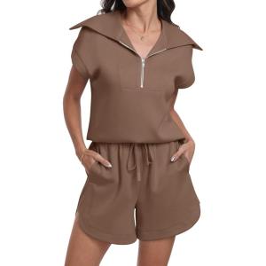 imageANRABESS Two Piece Sets for Women Summer Half Zip Short Set Sweatsuit 2 Piece Outfits Sweat Lounge Sets TracksuitBrown