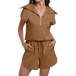 imageANRABESS Two Piece Sets for Women Summer Half Zip Short Set Sweatsuit 2 Piece Outfits Sweat Lounge Sets TracksuitDeep Camel