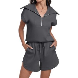 imageANRABESS Two Piece Sets for Women Summer Half Zip Short Set Sweatsuit 2 Piece Outfits Sweat Lounge Sets TracksuitDeep Grey