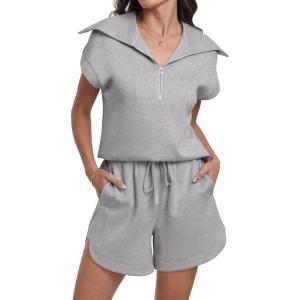 imageANRABESS Two Piece Sets for Women Summer Half Zip Short Set Sweatsuit 2 Piece Outfits Sweat Lounge Sets TracksuitGrey