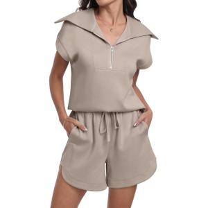 imageANRABESS Two Piece Sets for Women Summer Half Zip Short Set Sweatsuit 2 Piece Outfits Sweat Lounge Sets TracksuitKhaki