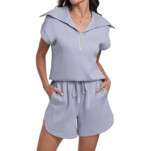 imageANRABESS Two Piece Sets for Women Summer Half Zip Short Set Sweatsuit 2 Piece Outfits Sweat Lounge Sets TracksuitLight Blue