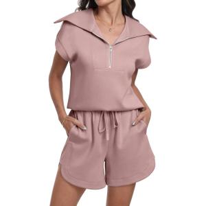 imageANRABESS Two Piece Sets for Women Summer Half Zip Short Set Sweatsuit 2 Piece Outfits Sweat Lounge Sets TracksuitLight Pink