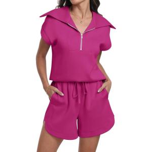 imageANRABESS Two Piece Sets for Women Summer Half Zip Short Set Sweatsuit 2 Piece Outfits Sweat Lounge Sets TracksuitRed Pink