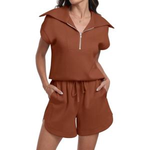 imageANRABESS Two Piece Sets for Women Summer Half Zip Short Set Sweatsuit 2 Piece Outfits Sweat Lounge Sets TracksuitRust