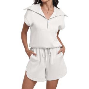 imageANRABESS Two Piece Sets for Women Summer Half Zip Short Set Sweatsuit 2 Piece Outfits Sweat Lounge Sets TracksuitWhite