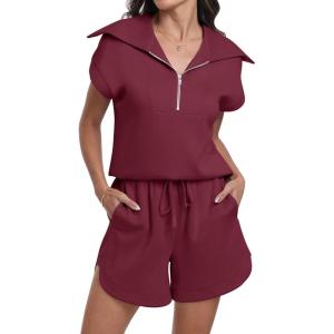 imageANRABESS Two Piece Sets for Women Summer Half Zip Short Set Sweatsuit 2 Piece Outfits Sweat Lounge Sets TracksuitWine Red