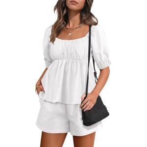 imageANRABESS Women 2 Piece Outfits Babydoll Linen Short Sets Square Neck Puffed Sleeve Backless Tops Beach 2025 Summer ClothesWhite