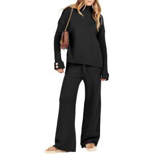 imageANRABESS Womens 2 Piece Outfit Sweater Lounge Sets Long Sleeve Knit Pullover Wide Leg Pant Tracksuit Loungewear 2024 FashionBlack