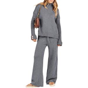 imageANRABESS Womens 2 Piece Outfit Sweater Lounge Sets Long Sleeve Knit Pullover Wide Leg Pant Tracksuit Loungewear 2024 FashionDark Grey