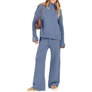 imageANRABESS Womens 2 Piece Outfit Sweater Lounge Sets Long Sleeve Knit Pullover Wide Leg Pant Tracksuit Loungewear 2024 FashionDeep Blue