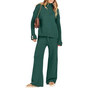 imageANRABESS Womens 2 Piece Outfit Sweater Lounge Sets Long Sleeve Knit Pullover Wide Leg Pant Tracksuit Loungewear 2024 FashionOpal Green