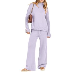imageANRABESS Womens 2 Piece Outfit Sweater Lounge Sets Long Sleeve Knit Pullover Wide Leg Pant Tracksuit Loungewear 2024 FashionPurple