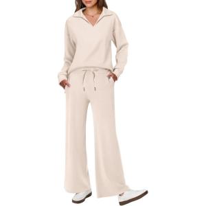 imageANRABESS Womens 2 Piece Outfits Lounge Sets Casual Long Sleeve Sweatsuits Polo Top Wide Leg Pants Fall Sweat Matching SetsApricot