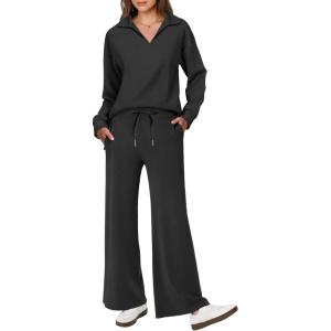 imageANRABESS Womens 2 Piece Outfits Lounge Sets Casual Long Sleeve Sweatsuits Polo Top Wide Leg Pants Fall Sweat Matching SetsBlack