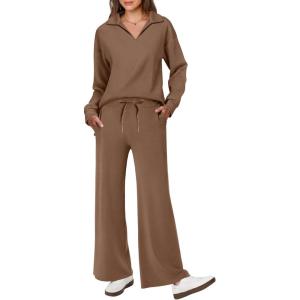 imageANRABESS Womens 2 Piece Outfits Lounge Sets Casual Long Sleeve Sweatsuits Polo Top Wide Leg Pants Fall Sweat Matching SetsBrown