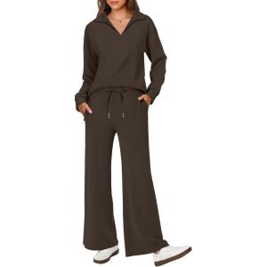 imageANRABESS Womens 2 Piece Outfits Lounge Sets Casual Long Sleeve Sweatsuits Polo Top Wide Leg Pants Fall Sweat Matching SetsCoffee