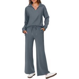 imageANRABESS Womens 2 Piece Outfits Lounge Sets Casual Long Sleeve Sweatsuits Polo Top Wide Leg Pants Fall Sweat Matching SetsGray Blue