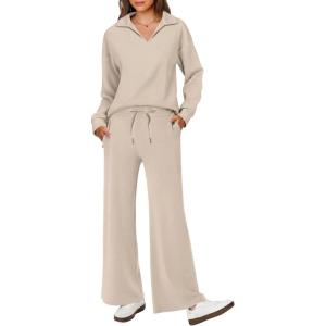imageANRABESS Womens 2 Piece Outfits Lounge Sets Casual Long Sleeve Sweatsuits Polo Top Wide Leg Pants Fall Sweat Matching SetsKhaki