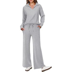 imageANRABESS Womens 2 Piece Outfits Lounge Sets Casual Long Sleeve Sweatsuits Polo Top Wide Leg Pants Fall Sweat Matching SetsLight Grey
