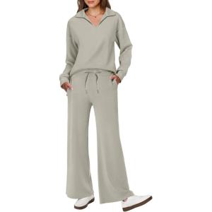 imageANRABESS Womens 2 Piece Outfits Lounge Sets Casual Long Sleeve Sweatsuits Polo Top Wide Leg Pants Fall Sweat Matching SetsLight Khaki