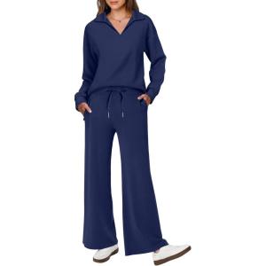 imageANRABESS Womens 2 Piece Outfits Lounge Sets Casual Long Sleeve Sweatsuits Polo Top Wide Leg Pants Fall Sweat Matching SetsNavy Blue