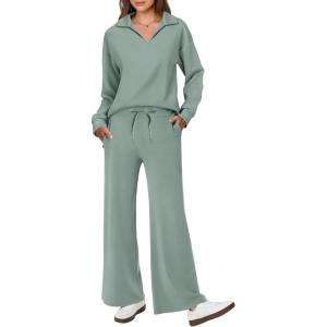 imageANRABESS Womens 2 Piece Outfits Lounge Sets Casual Long Sleeve Sweatsuits Polo Top Wide Leg Pants Fall Sweat Matching SetsPea Green