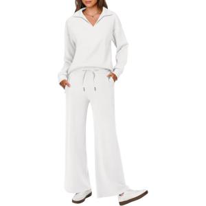 imageANRABESS Womens 2 Piece Outfits Lounge Sets Casual Long Sleeve Sweatsuits Polo Top Wide Leg Pants Fall Sweat Matching SetsWhite