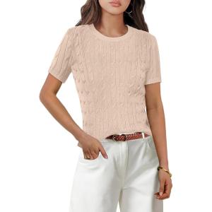 imageANRABESS Womens Short Sleeve Sweaters Tops Crewneck Cable Knit Casual Soft Pullover Shirt 2025 Spring Summer Business OutfitsApricot