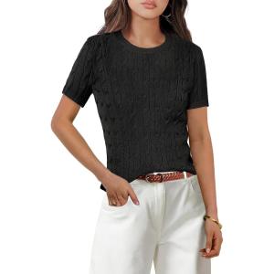 imageANRABESS Womens Short Sleeve Sweaters Tops Crewneck Cable Knit Casual Soft Pullover Shirt 2025 Spring Summer Business OutfitsBlack