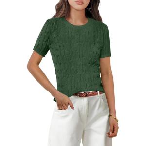 imageANRABESS Womens Short Sleeve Sweaters Tops Crewneck Cable Knit Casual Soft Pullover Shirt 2025 Spring Summer Business OutfitsDeep Green
