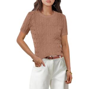 imageANRABESS Womens Short Sleeve Sweaters Tops Crewneck Cable Knit Casual Soft Pullover Shirt 2025 Spring Summer Business OutfitsKhaki