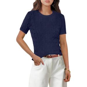 imageANRABESS Womens Short Sleeve Sweaters Tops Crewneck Cable Knit Casual Soft Pullover Shirt 2025 Spring Summer Business OutfitsNavy Blue