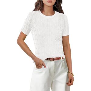imageANRABESS Womens Short Sleeve Sweaters Tops Crewneck Cable Knit Casual Soft Pullover Shirt 2025 Spring Summer Business OutfitsOffwhite