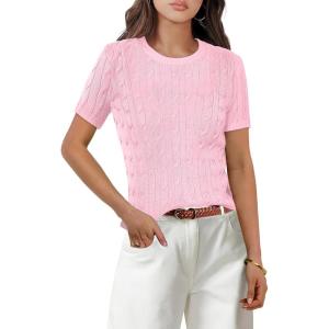 imageANRABESS Womens Short Sleeve Sweaters Tops Crewneck Cable Knit Casual Soft Pullover Shirt 2025 Spring Summer Business OutfitsPink