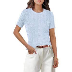 imageANRABESS Womens Short Sleeve Sweaters Tops Crewneck Cable Knit Casual Soft Pullover Shirt 2025 Spring Summer Business OutfitsSky Blue