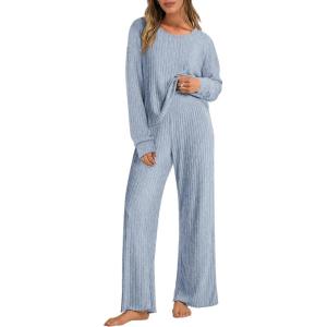 imageANRABESS Women 2 Piece Lounge Pajamas Sets Casual Ribbed Knit Long Sleeve Top Pants Matching Set 2025 Fall Outfits ClothesBlue